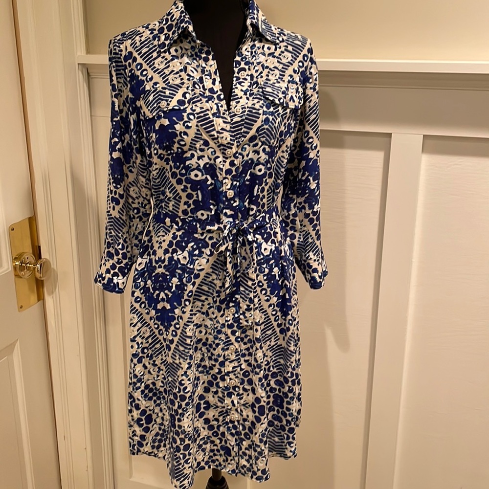 CABI Blue/ white/ taupe Shirt Dress